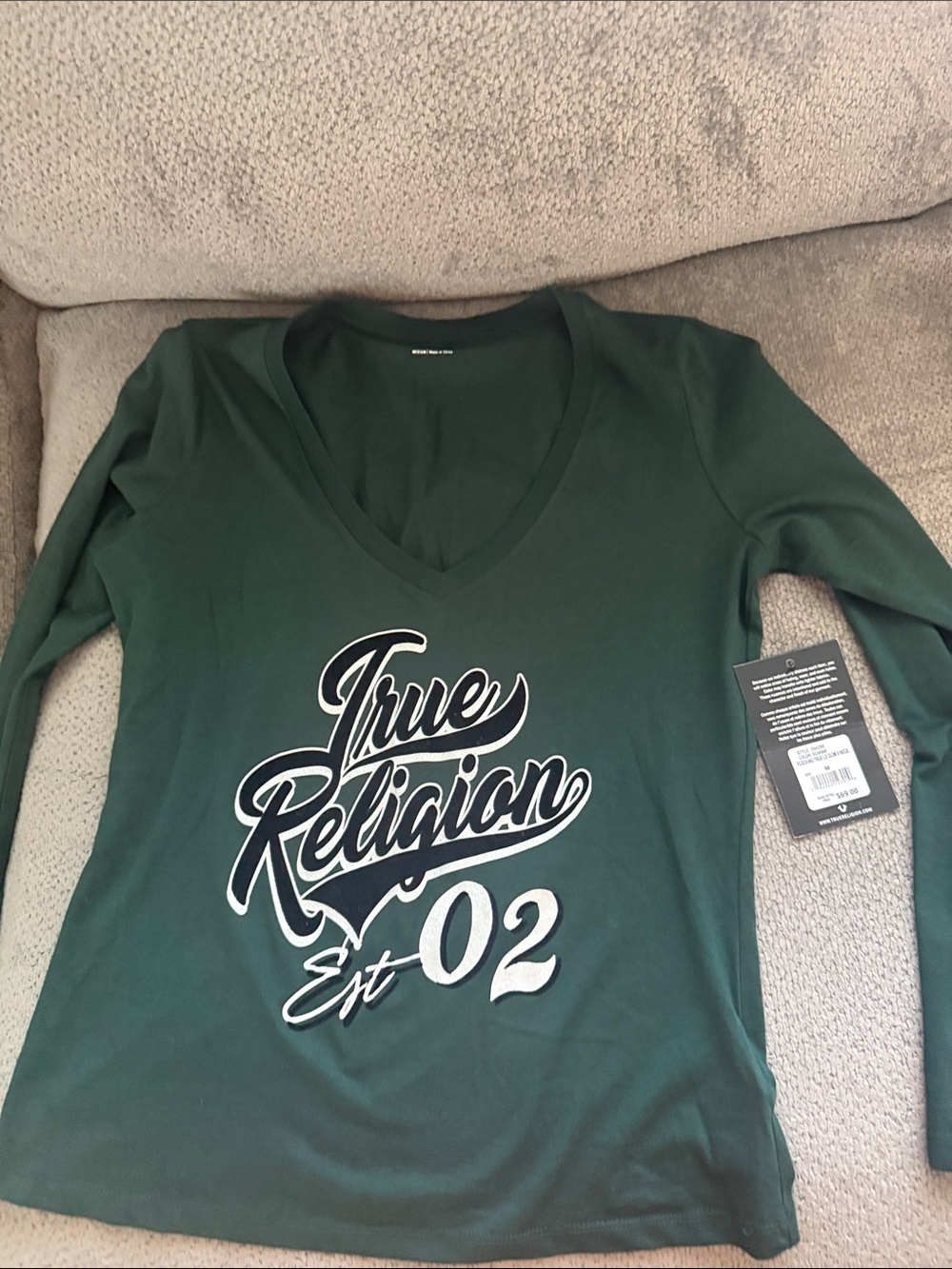 True Religion Women's Forest Green V-Neck Graphic Long Sleeve Top